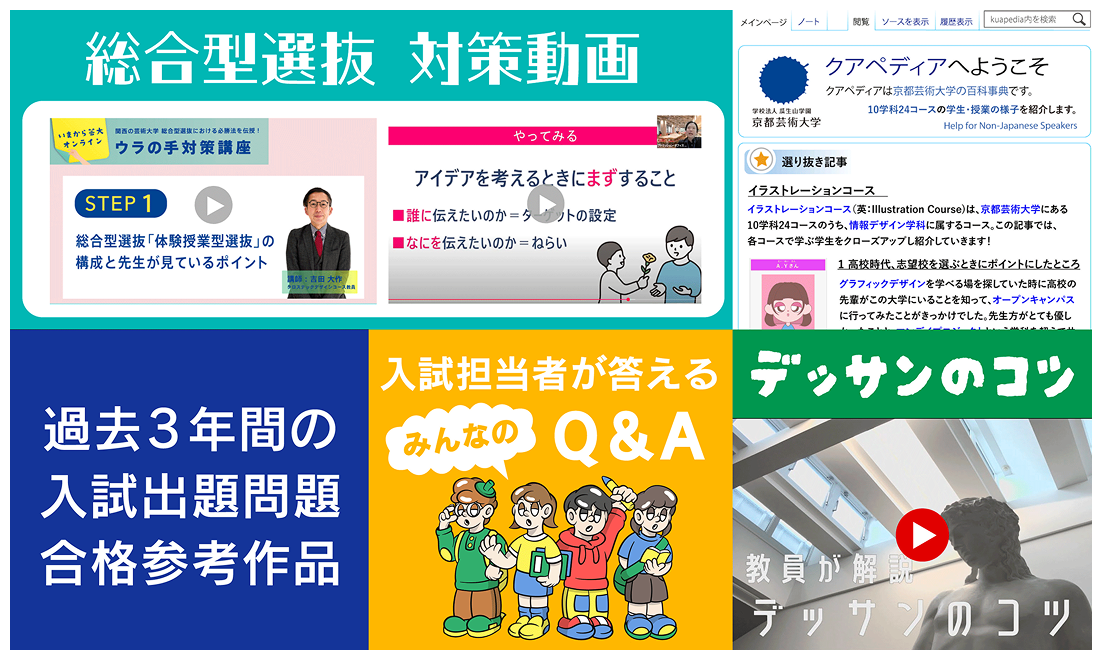 総合型選抜動画・クアペディアへようこそ・過去3年間の入試出題問題合格参考作品・入試担当者が考えるみんなのQ&A・デッサンのコツ