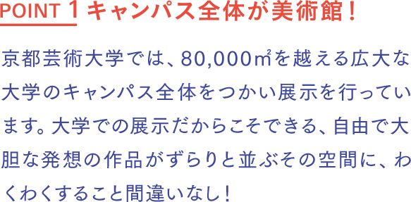 キャンパス全体が美術館！ 京都芸術大学では、80,000㎡を越える広大な大学のキャンパス全体をつかい展示を行っています。作品数は800点以上！大学での展示だからこそできる、自由で大胆な発想の作品がずらりと並ぶその空間に、わくわくすること間違いなし！
