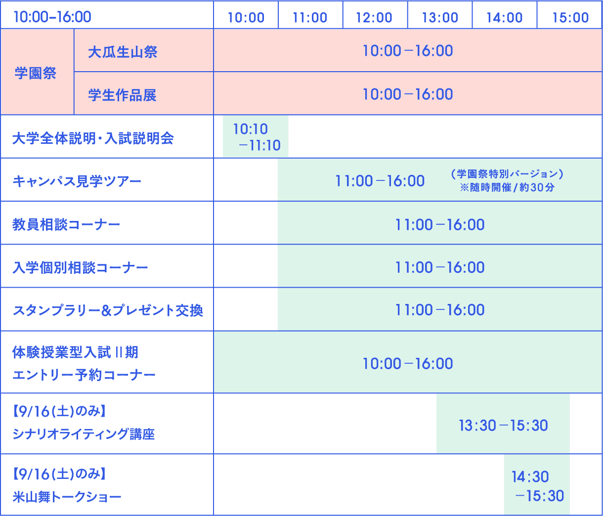 time table 4月22日（土）23日（日）10：00〜16：00