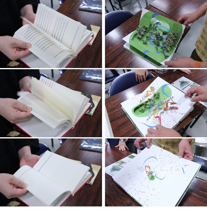 <左>どんどんテキストが少なくなる本 <右>絵本。ナマケモノを探すのだが、木が伐採されて森がなくなっていき・・・
