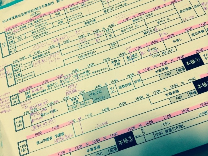 お目汚しですが。 舞監の命、タイムテーブル。 書き込み過ぎてどんどん汚くなっていきます(´∀`;)