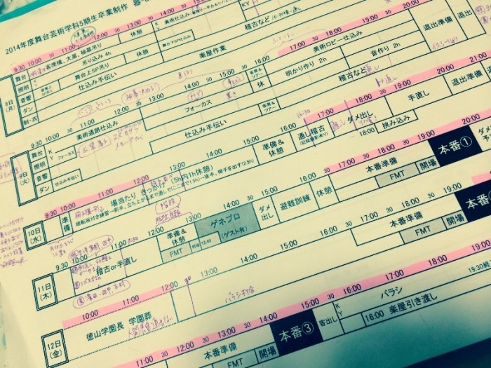 お目汚しですが。 舞監の命、タイムテーブル。 書き込み過ぎてどんどん汚くなっていきます(´∀｀；)