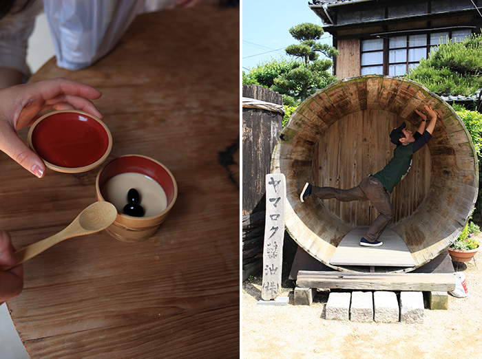 <左>醤油プリン <右>入口にある樽。新元先生と比較するとその大きさが分かります。