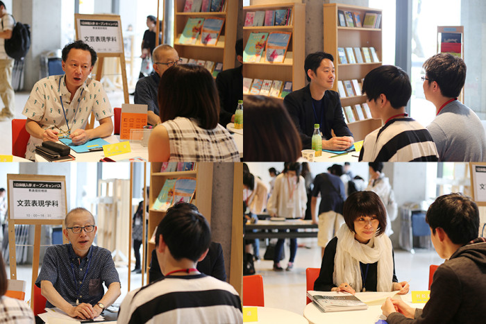 左上:学科長の河田先生。右上:辻井先生。次回『エッセイを書こう!』を担当してくださいます。左下:校條先生。右下:村松先生。