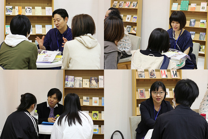 左上:小説家の辻井先生、右上:編集者の村松先生、左下:作家の山田先生、右下:編集者・詩人の中村先生